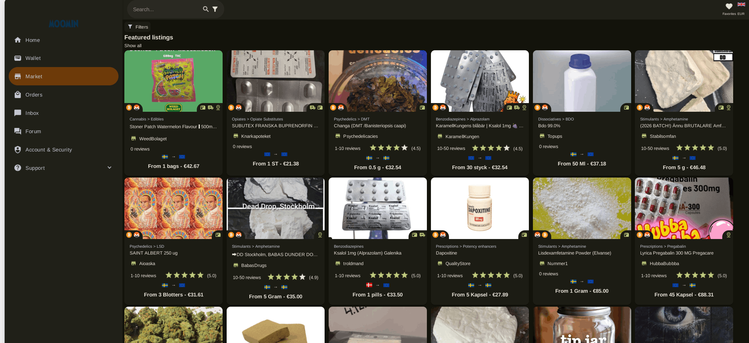 Moomin Market product listings showing vendor diversity